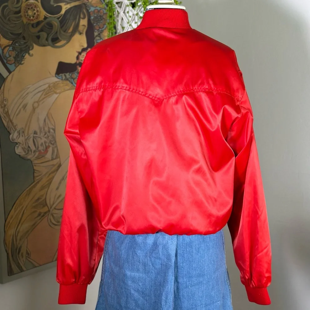Unisex Vintage Ely Cattleman Satin Zip Up Red Western Bomber Jacket Size Small - Picture 4 of 7